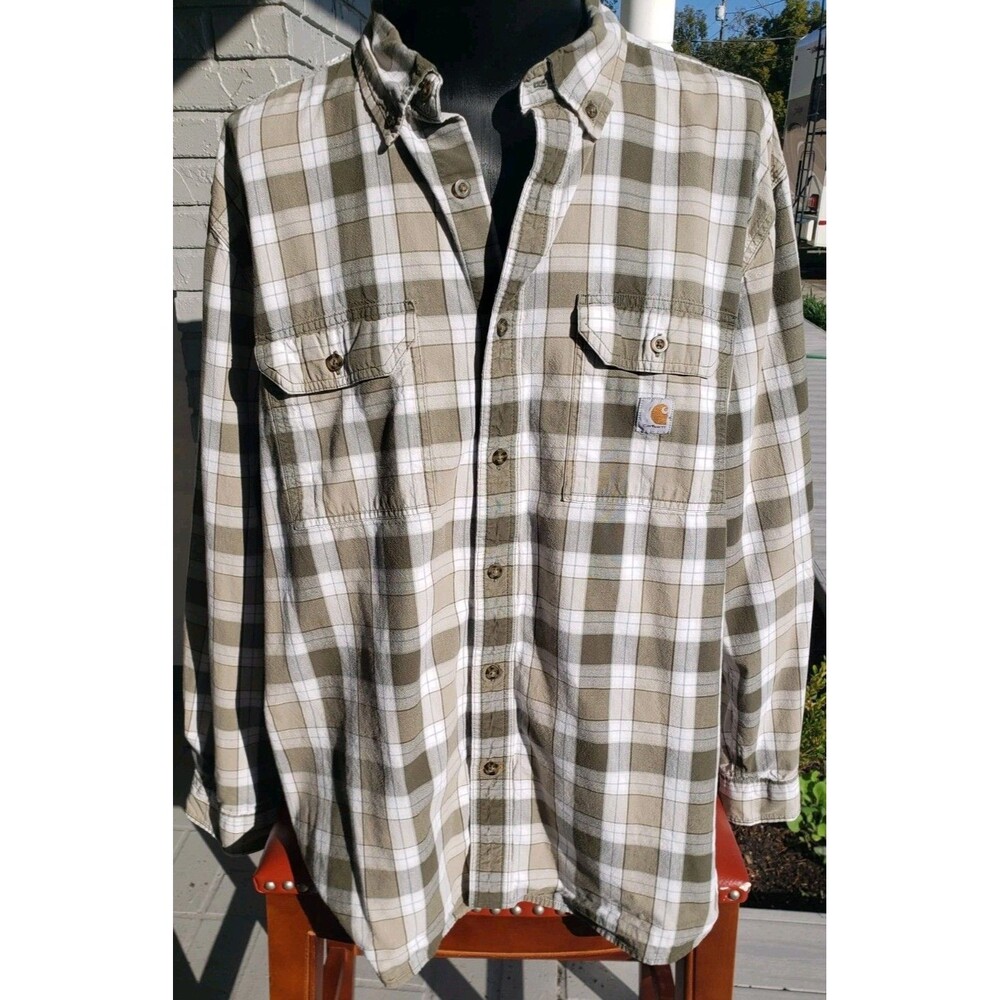 Carhartt Shirt Mens 2XL Green Plaid Loose Fit Long Sleeve Button Up 100% Cotton